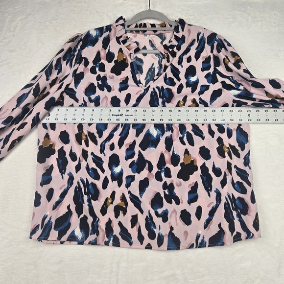 Women's Pink Blue Patterned Long Sleeve Blouse Size 1XL Notch Neck‎ Ruffle - Picture 5 of 8